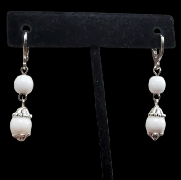 Upcycled White Opal Dangle Hoop Earrings - Picture 1 of 6